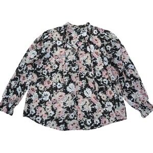Torrid Plus 0 0X Black Floral Semi Sheer V Neckline Ruffled Top‎ Shirt Blouse